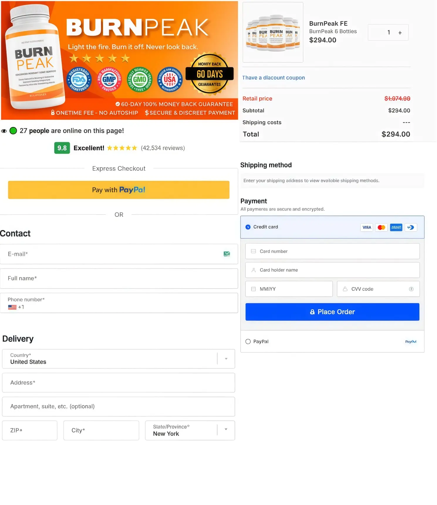 Burn Peak order page